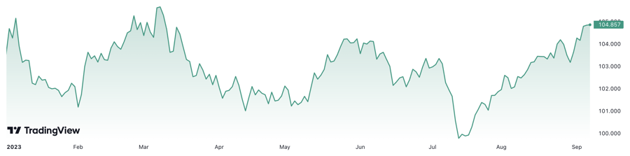 Diễn biến chỉ số Dollar Index từ đầu năm tới nay.